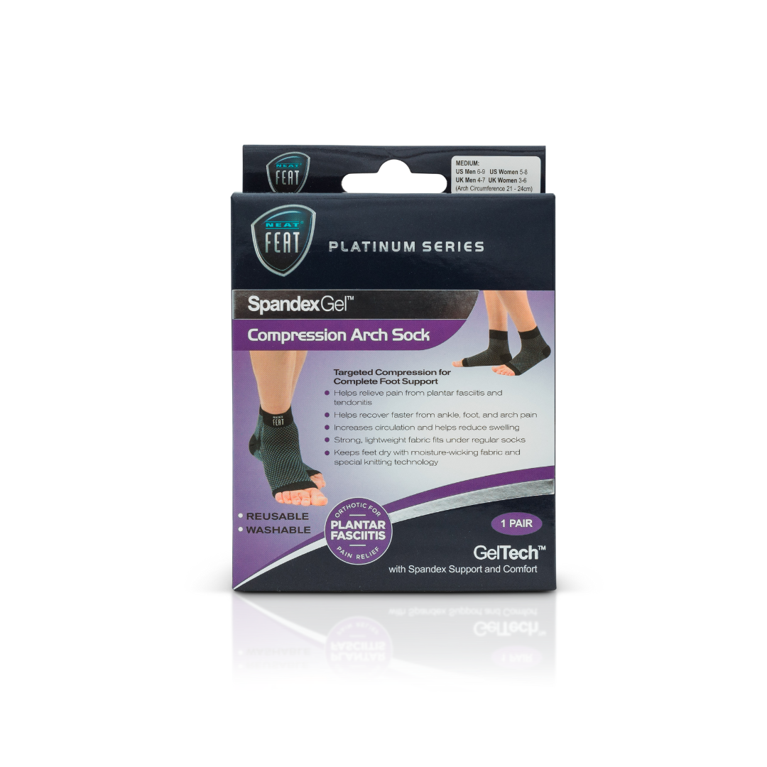 Platinum Series Spandex Gel Compression Arch Sock box, mostly dark blue and purple, featuring an image of a foot on the front demonstrating the product's fit and support for the arch.