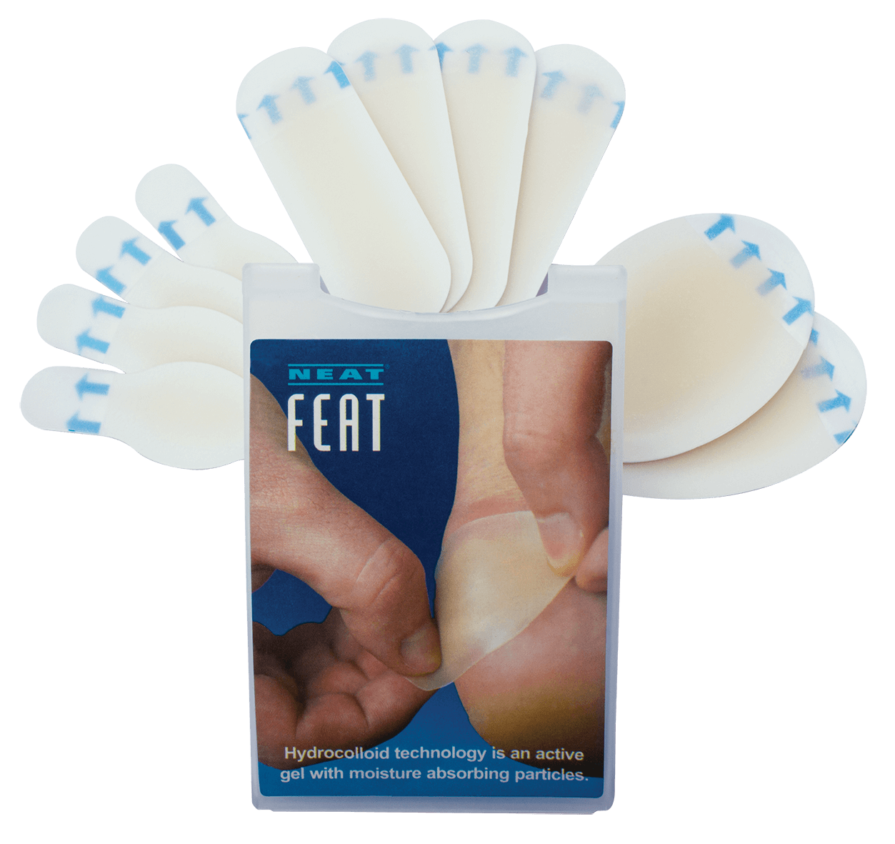 Neat Feat Blister Plasters Value Pack x30 for Pain Relief, with the packaging inside the box and the blisters displayed in a concertina arrangement, showcasing the plasters clearly.