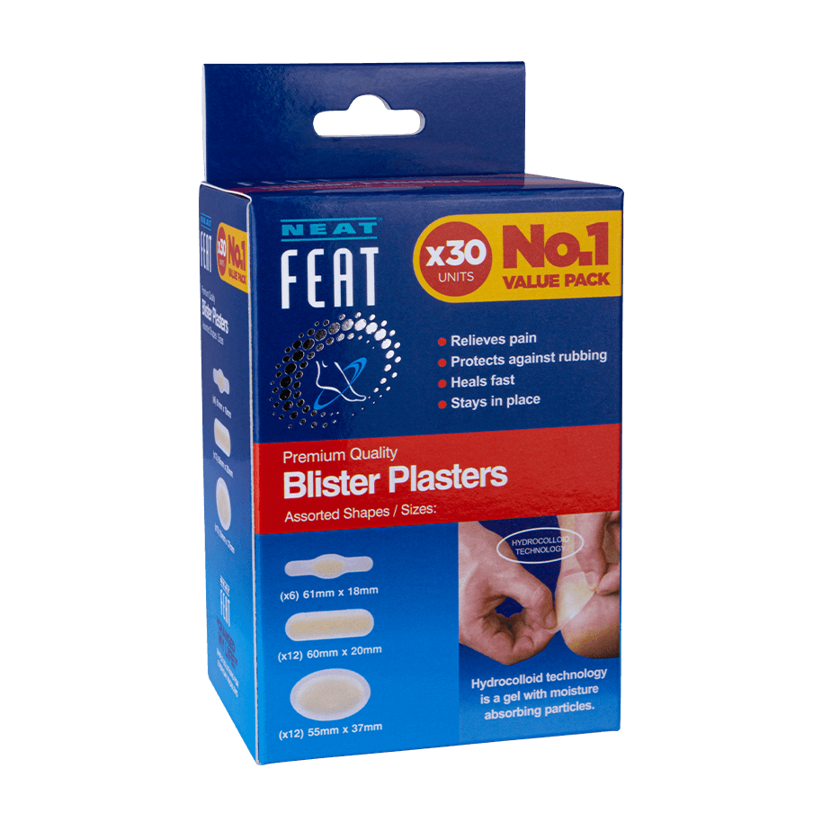 Neat Feat Blister Plasters Value Pack x30 for Pain Relief, featuring a blue box with clear product details and instructions for use.