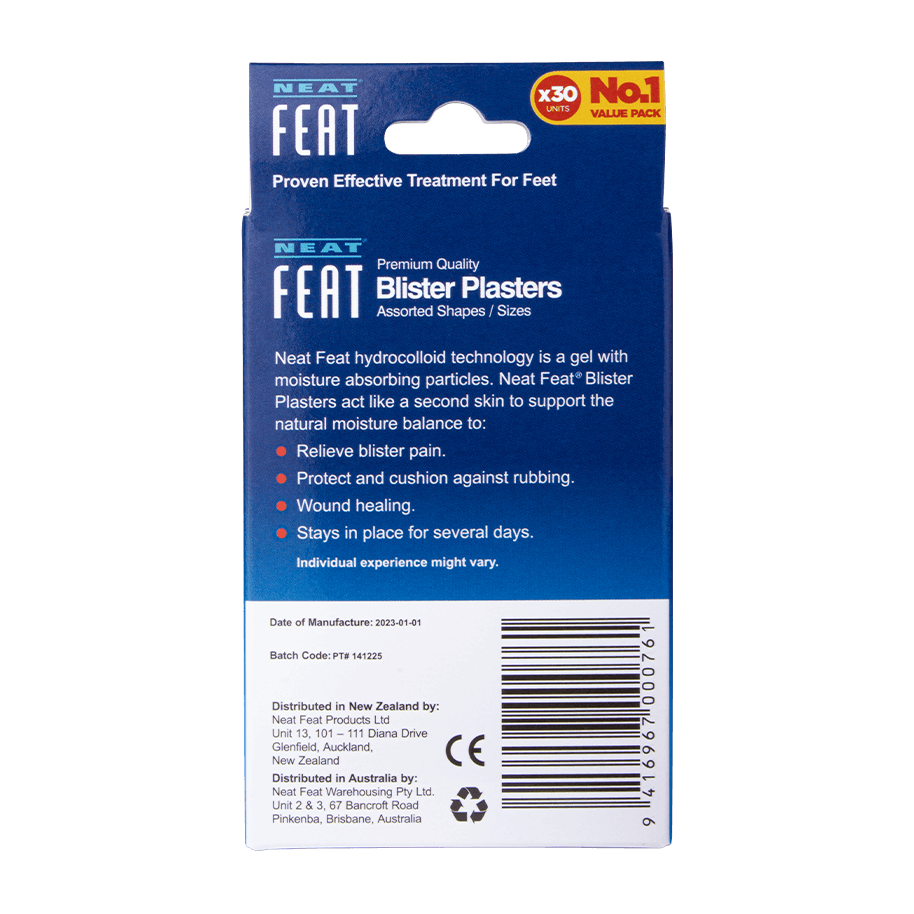 Back of Neat Feat Blister Plasters Value Pack x30 for Pain Relief, featuring product information, usage instructions, and safety details on a blue and white background.