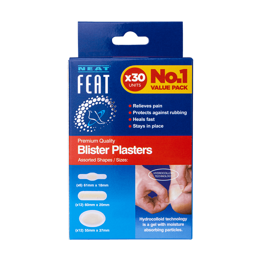 Neat Feat Blister Plasters Value Pack x30 for Pain Relief, featuring a blue box with clear product details and instructions for use.